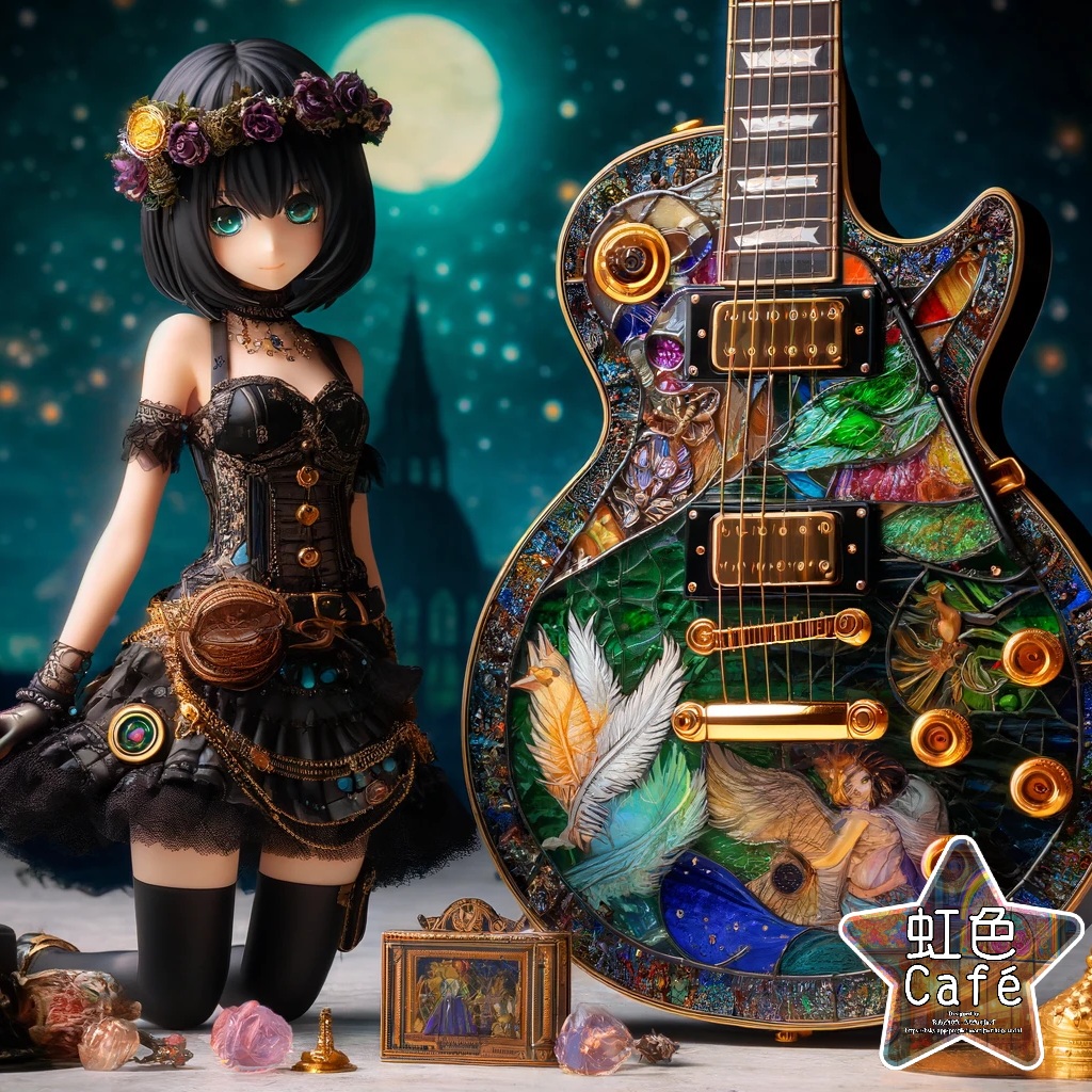 ステージ1の完成図。女の子とギターの絵の右下に虹色Caféの星マークがあります。